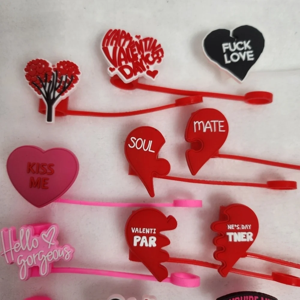 16 Pieces Valentine's Day Straw Cover Cap Silicone Straw Topper
